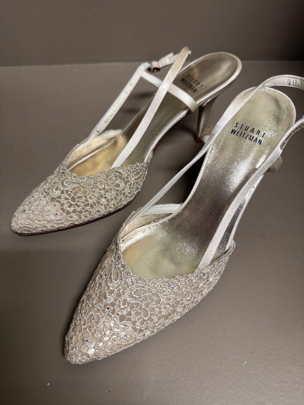 Stuart Weitzman Champagne Lace Jeweled Pointed Slingback Heels with Gold Satin